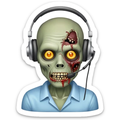zombie customer service representative with headset and rotting face sticker