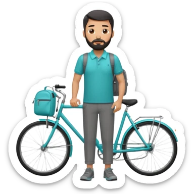 a man with a grey backpack and a torquoise byciycl and he has black shot=rt man hair and a beard with a polo grey shirt and dress pants sticker