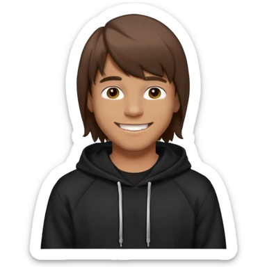 20 yr old man, brown hair, straight, big smile, white teeth, tanned skin, bangs, black hooded sweatshirt, long hair in back, middle parted bangs sticker