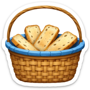 Create an emoji representing empty carbohydrate stores: depict a nearly empty bread basket with only a few crumbs left, overlaid by a fading low-battery symbol to signal depleted carb energy. sticker