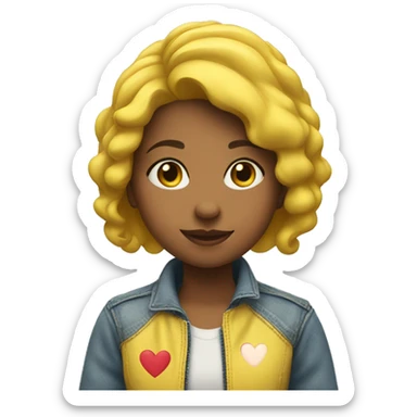 A girl with a loving face wearing a yellow jeans jacket and 3 heart shapes on her head sticker