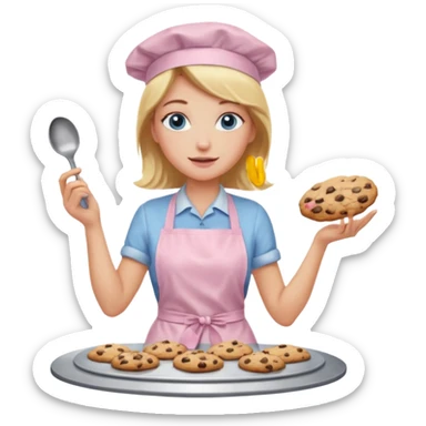 Blond hair blue eye lady with a light pink apron making chocolate chip cookies sticker
