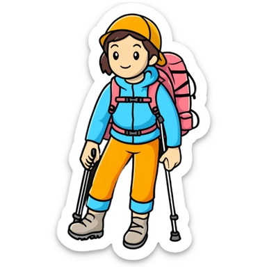 female mountain climber with backpack and hiking poles sticker