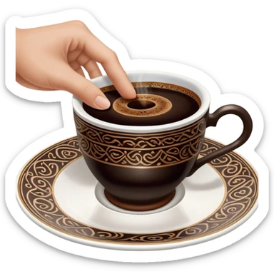 An empty Turkish coffee cup sitting on a saucer, with dark coffee grounds forming intricate and mysterious patterns inside the cup. The cup has been turned over, leaving a distinct ring of coffee residue on the saucer. A fortune teller’s hand is gently lifting the cup, revealing hidden symbols and shapes in the leftover grounds, creating a mystical and intriguing atmosphere sticker