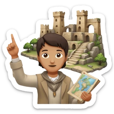 Icon for Documentary Film: A traveler in casual clothing standing and pointing towards ancient ruins, explaining history. The scene should evoke a sense of exploration, with the traveler holding a map or scroll. Include crumbling stones and historical artifacts. Transparent background. sticker