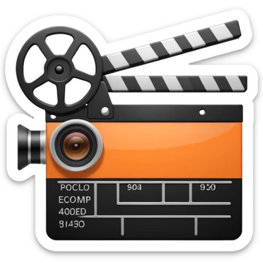 orange striped clapperboard with a film camera next to it sticker