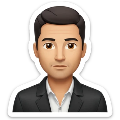 Handsome athletic Hispanic man in his late 40s with tan complexion, short black hair with defined fade haircut, light stubble/scruff on face, square masculine face with defined jawline, neutral-friendly TV presenter expression, open black jacket with white shirt sticker