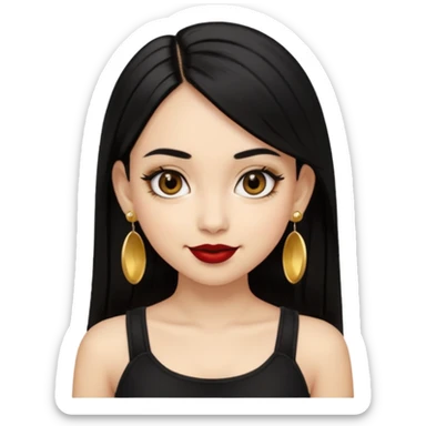 A light skinned girl with black hair, black eye, straight hair, big eyes, dark red lipstick, wearing black crop top and gold earrings, nosepiece  sticker