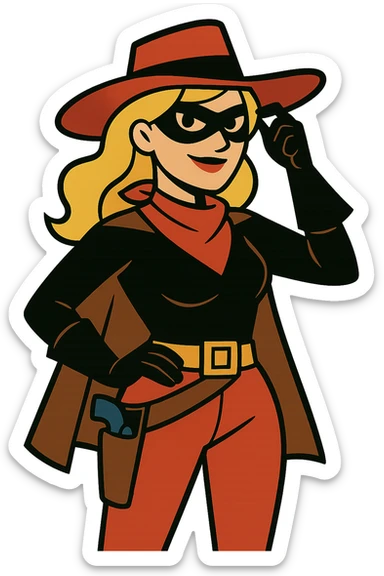 blonde woman wearing bandit outfit, confident face, illustration style sticker