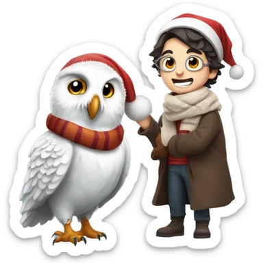 Harry Potter wearing a Santa hat and cozy scarf, holding a snowy owl perched on his arm, looking excited for a magical Christmas sticker
