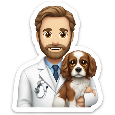 Veterinarian, man, with beard, brown hair, with dog on his hands, Charles king spaniel sticker