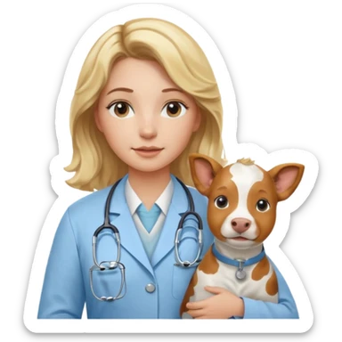 Joven mujer, de cabello bajo los hombros rubio con ondas y partidura al medio.  veterinaria de perros, vacas y caballos, con traje clínico celeste, sin delantal blanco sticker