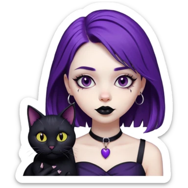 Goth purple woman with black cat. Animated sticker
