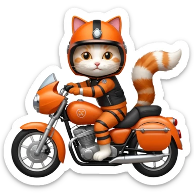 Cat on red and black motorcycle with helmet sticker