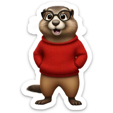 cute groundhog in a fully red sweater and glasses full body shown sticker
