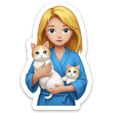 lightly tanned skin, blue eyes, cute and sexy girl with bright yellow-brown hair in a dark sky pallete robe, golden rings, slight cute makeup, full body, slightly turned aside pose, holding a cat in hands sticker