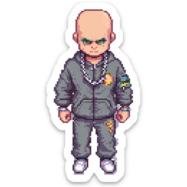 Pixel art thug in tracksuit, holding chain in Hand, bald head, angry expression, side view, retro arcade sprite
 sticker