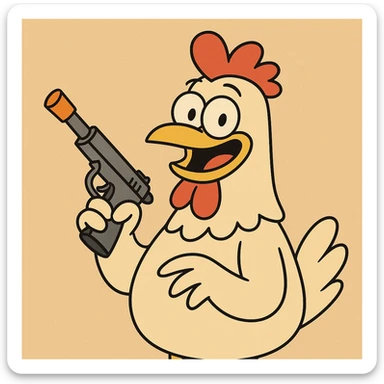 cartoon chicken holding a prop gun with an orange tip, silly and lighthearted, vibrant colors sticker