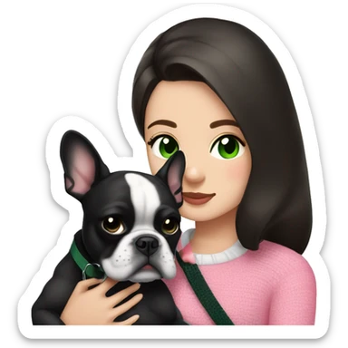 Brunette with dark green eyes in black sweater cuddling with her black and white french bulldog and pink harness sticker