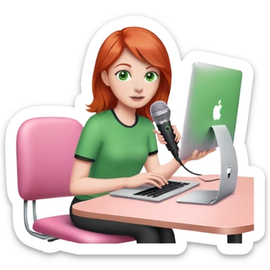 Red head green eyes sat at desk with MacBook, microphone and iPhone sat on a pink desk chair  sticker