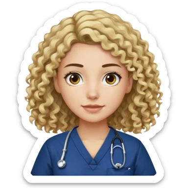 Longer curly drk brown hair with blonde highlights and a navy blue scrub top sticker
