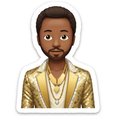 Maurice White from Earth Wind and Fire with dark brown hair, ivory sequin jacket, shirtless with necklace  sticker