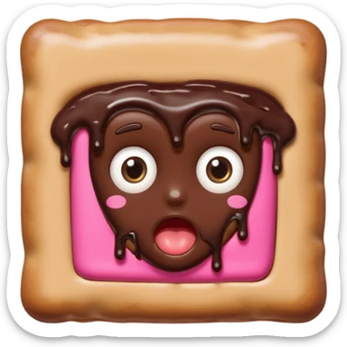 Rectangular chocolate mini pastry, slightly messy, wide shocked eyes, open mouth, chocolate dripping, text above: "ПАСТИЧКА", chibi style, Twitch emoji style, transparent background, colorful

 sticker