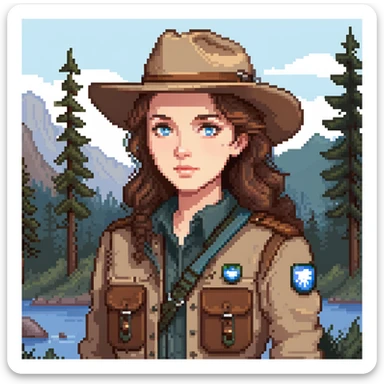 white woman park ranger with brown hair and blue eyes in a nature background sticker