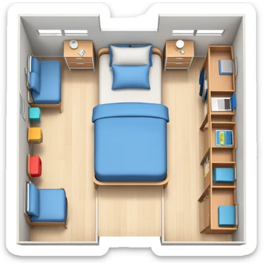 top-down view of teenage bedroom layout with bed, desk, closet, and storage sticker