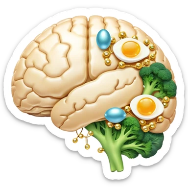 Glowing brain and liver connected by a pearlescent capsule, surrounded by choline-rich foods: eggs, liver, fish, and broccoli. Golden waves showing neural connections flow from the brain, with all elements having an ethereal glow representing cognitive benefits. sticker