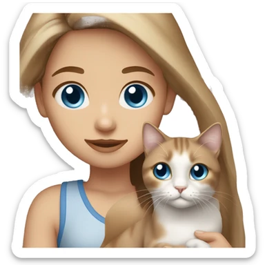 Girl with blue eyes and long light brown hair holding dilute calico cat sticker