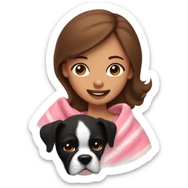a woman with brown eyes and brown hair is cradling her puppy in a pink baby blanket. the puppy is looking at her lovingly and is a chubby black and white boxer dog. the woman is smiling with mouth ajar sticker