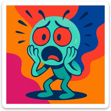 cute cartoon alien showing fear, vibrant toon style, colorful, expressive, scared sticker