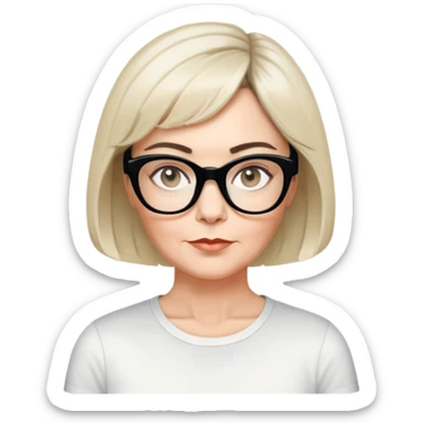 white woman, about 50 years old, light warm skin, short black bob haircut with slight waves at ends, neutral-determined expression, large black shiny butterfly or cat-eye glasses, white casual t-shirt, calm and creative energy sticker