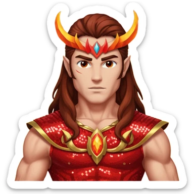 Vulcan, God of Fire from Gods and Goddesses with long brown hair, fiery red sequin outfit sticker