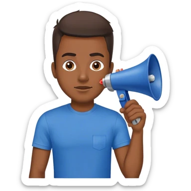 man in blue t-shirt with loudspeaker sticker