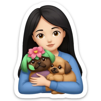 black hair girl hugging brown pegingese dog sticker