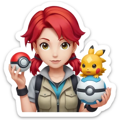 female pokemon trainer with bright red hair, pokeball, adventure outfit sticker