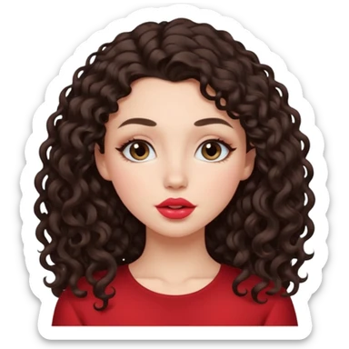 White girl with dark curly long middle part hair kiss sticker