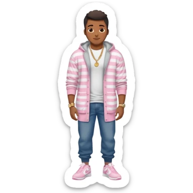 Handsome Black guy with brown skin tone, with muscular build, wearing long baggy dark denim jeans, a white t-shirt, pink and gray striped fuzzy cardigan, white Nike sneakers, a gold watch, and a dainty chain sticker