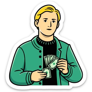 Nikolai Astrup, Norwegian politician, holding a pack of money in his hand sticker