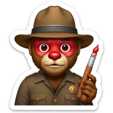 Smokey the bear with blooshot eyes holding a joint sticker