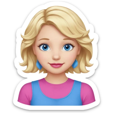 Girl Blonde short wavy hair,  blue eyes, cute blue top, long lashes, pink lips, smiling, 👍🏻 sticker
