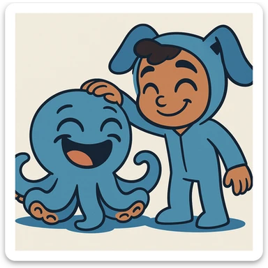 Change the octopus to have a laughing expression with closed eyes and big grin, while the human keeps a gentle smile. Cartoon style, keep the same pose. sticker
