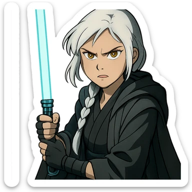  a closeup portrait of young woman with gold yellow eyes, white hair, long braid, black off-shoulder top, punk gothic style, futuristic cyberwave cyberpunk,  jedi attire and posture robes of a padawan, foreweilding a bright blue-green lightsaber, angry fierce face expression, power stance, 30-90 sticker