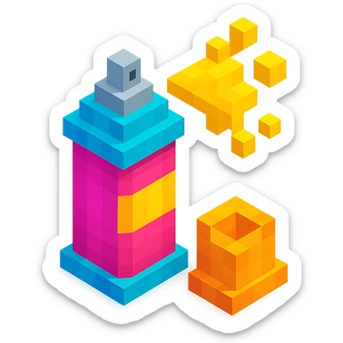 voxel style spray paint can with gold paint, cap off, isometric view sticker