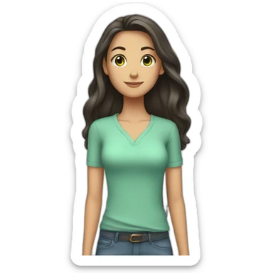tall girl with dark long hair, green eyes, light blue shirt sticker