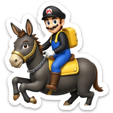 Super mario riding on a donkey wearing black mechanic clothes with yellow details  sticker