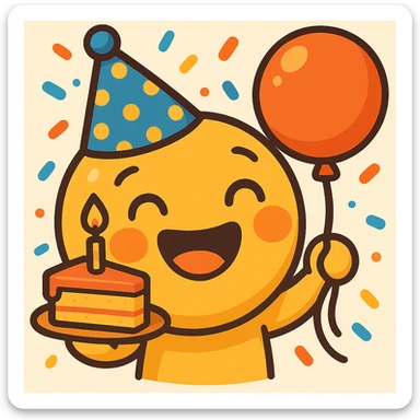 Change the party hat to blue with yellow polka dots, keep the rest of the emoji the same, bright cartoon style with confetti background. sticker
