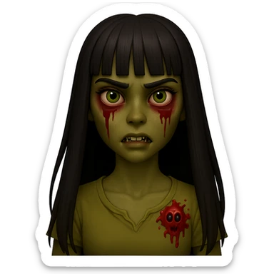 Make the zombie girl have longer hair and greenish brown skin, keep black hair with bangs, no background. The style should resemble the original image's look. sticker